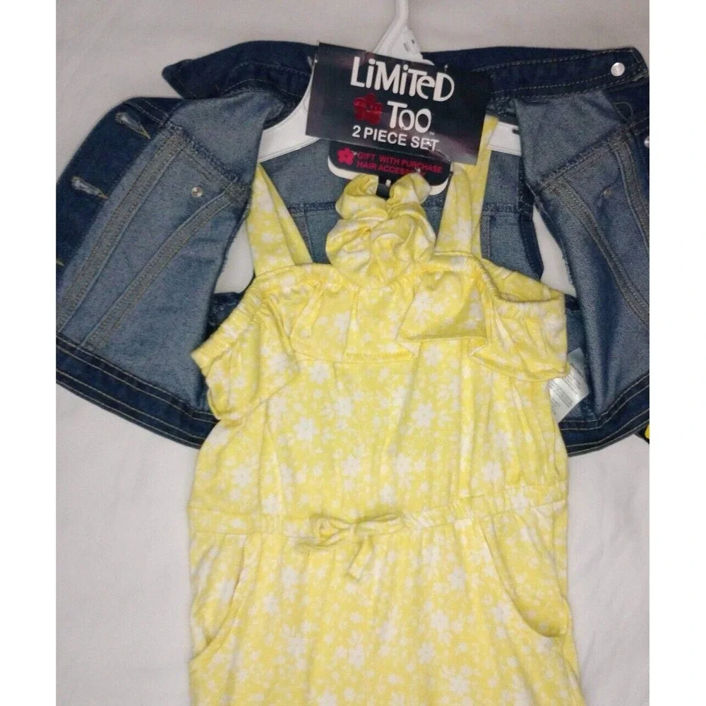 Limited Too Girls Sz 5 Yellow Jumpsuit Jean Vest Jacket Flower Daisy Outfit Hair